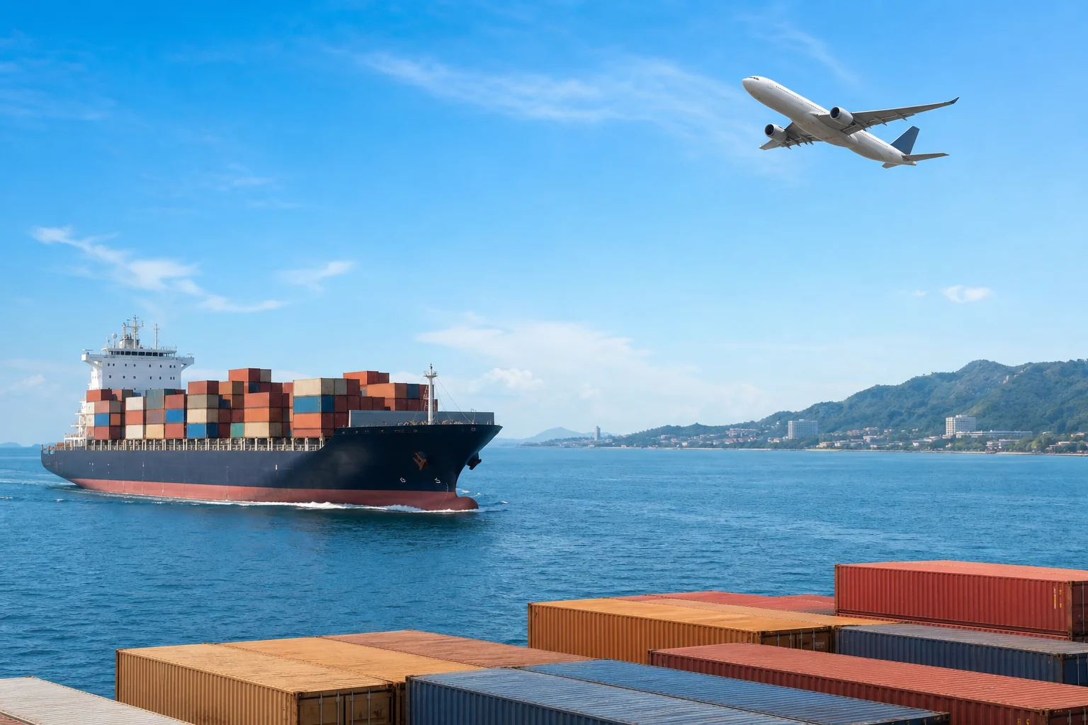 Cargo ship and freight airplane in a coastal logistics scene
