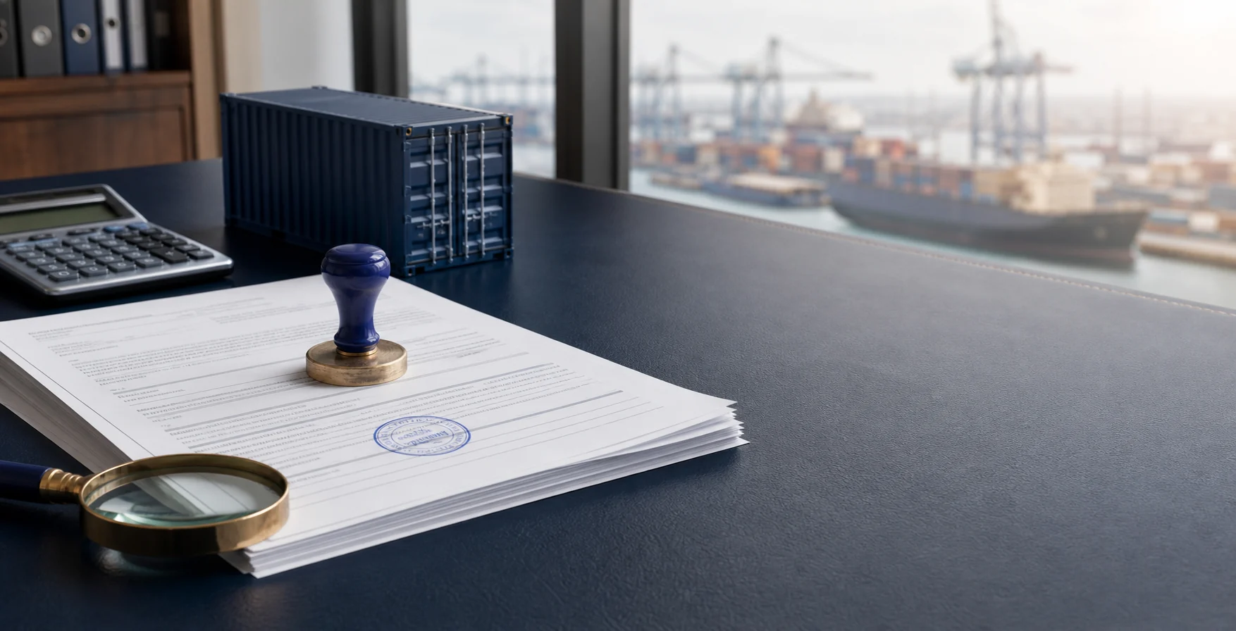 Customs paperwork and export stamp on a desk