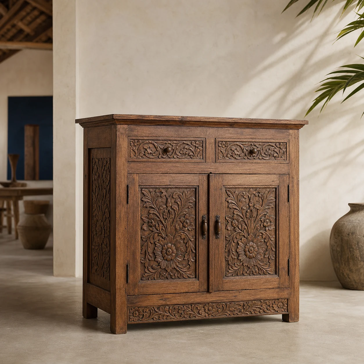 Hand-carved Balinese teak cabinet