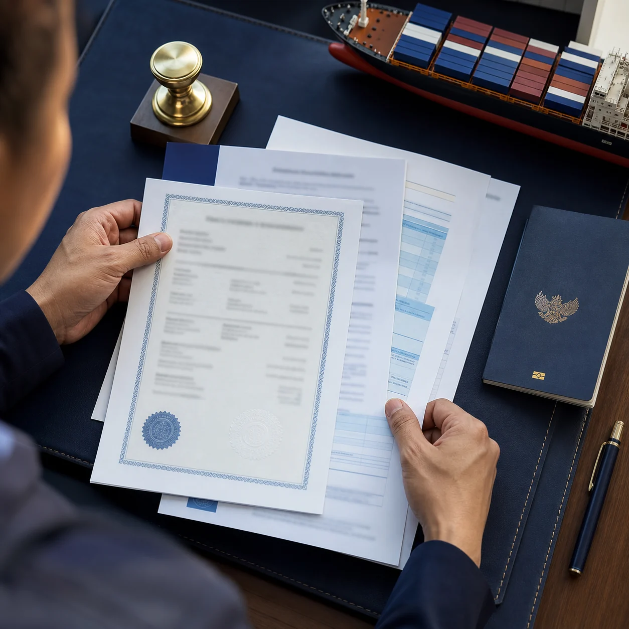 Export specialist reviewing customs documentation
