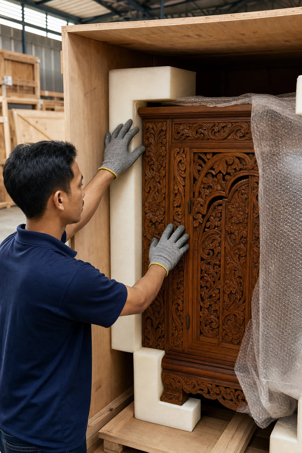 Carved furniture being secured inside a custom export crate