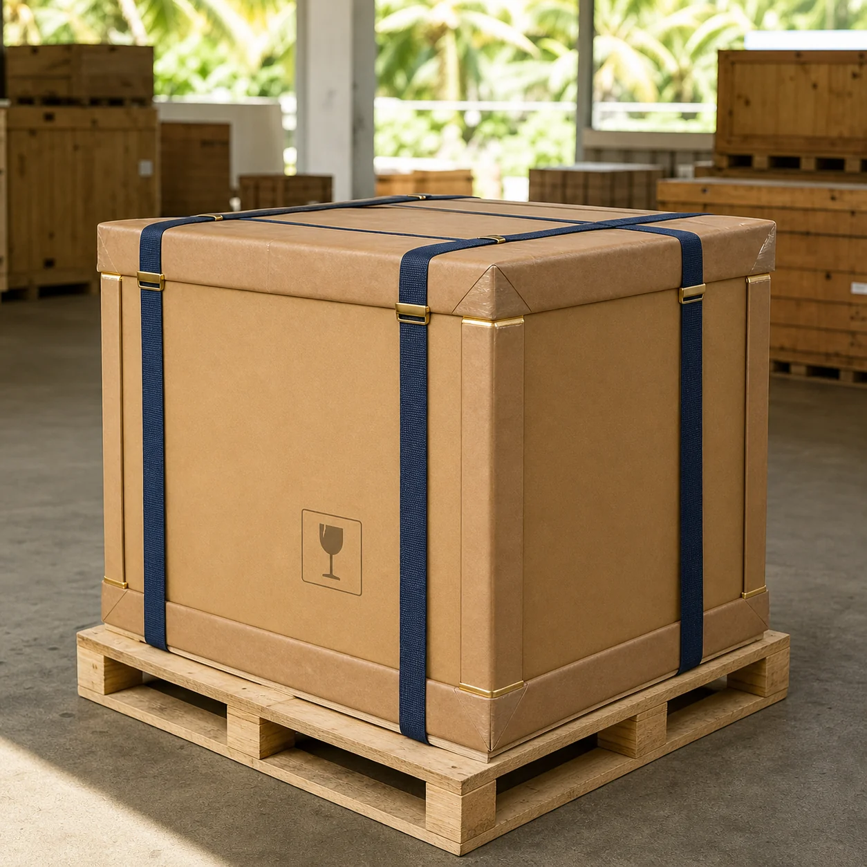 Professionally sealed export carton on a pallet